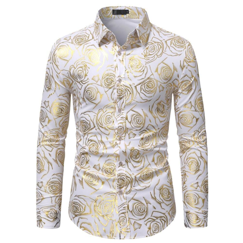 Men Golden Rose Print Button Down Shirt in White, Size S​​​​